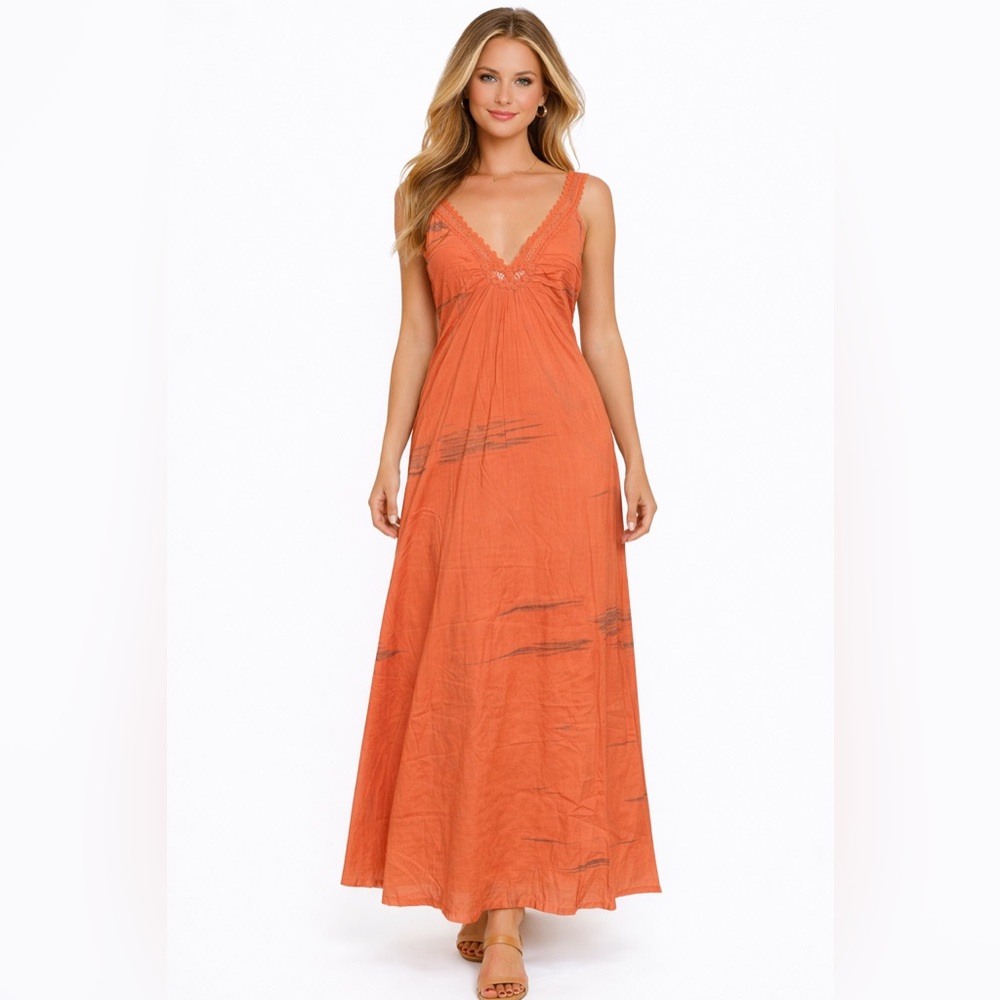 Chaudry KC Boho Chic Coral Maxi Dress with Lace Trim, size Medium, flowy, summer